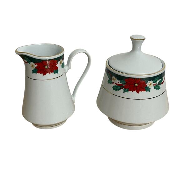 Vintage Tienshan Christmas Poinsettia Dessert Set Creamer Sugar Cake Server - Picture 3 of 7